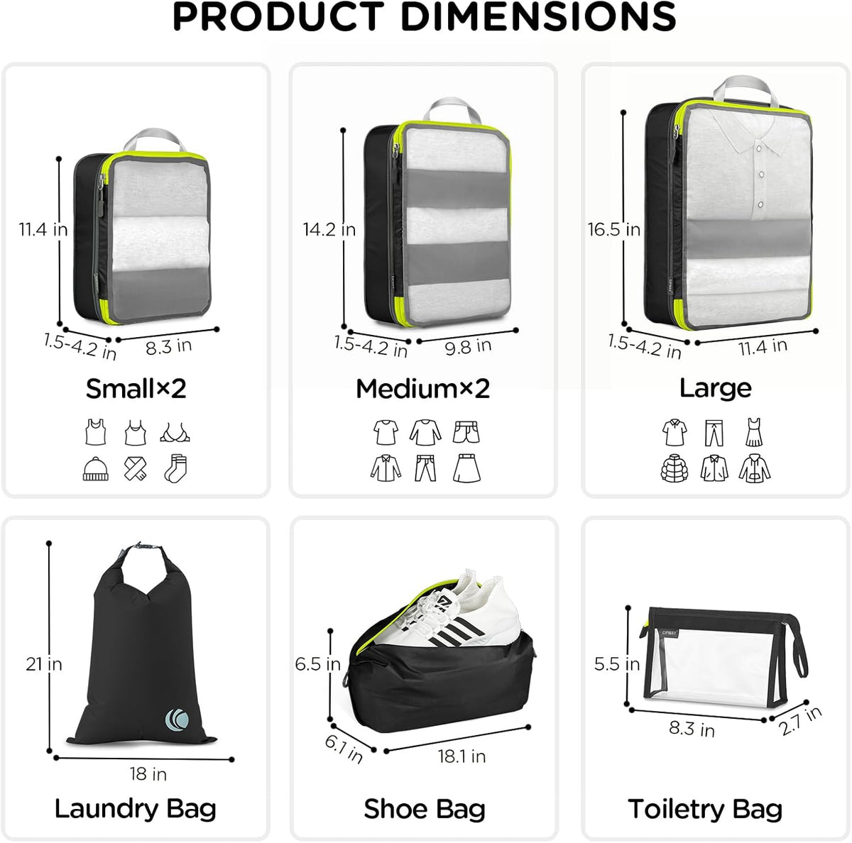 Compression Packing Cubes Mesh, Lightweight Luggage Organizer Bags with Laundry Bag, Toiletries Bag and Shoe Bag, Travel Essentials for Carry on Suitcase（,Black）