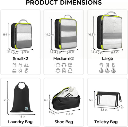 Compression Packing Cubes Mesh, Lightweight Luggage Organizer Bags with Laundry Bag, Toiletries Bag and Shoe Bag, Travel Essentials for Carry on Suitcase（,Black）