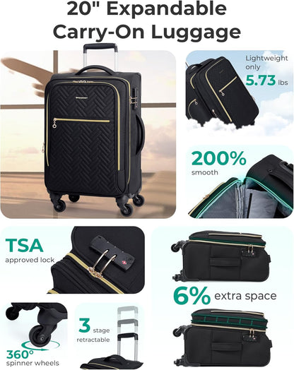 Underseat Carry On luggage Airline approved, 16-inch Softside Underseater Travel Suitcase with Spinner Wheels Lightweight Overnight Bag Small Rolling Carry-on for Women Men Weekender,Black