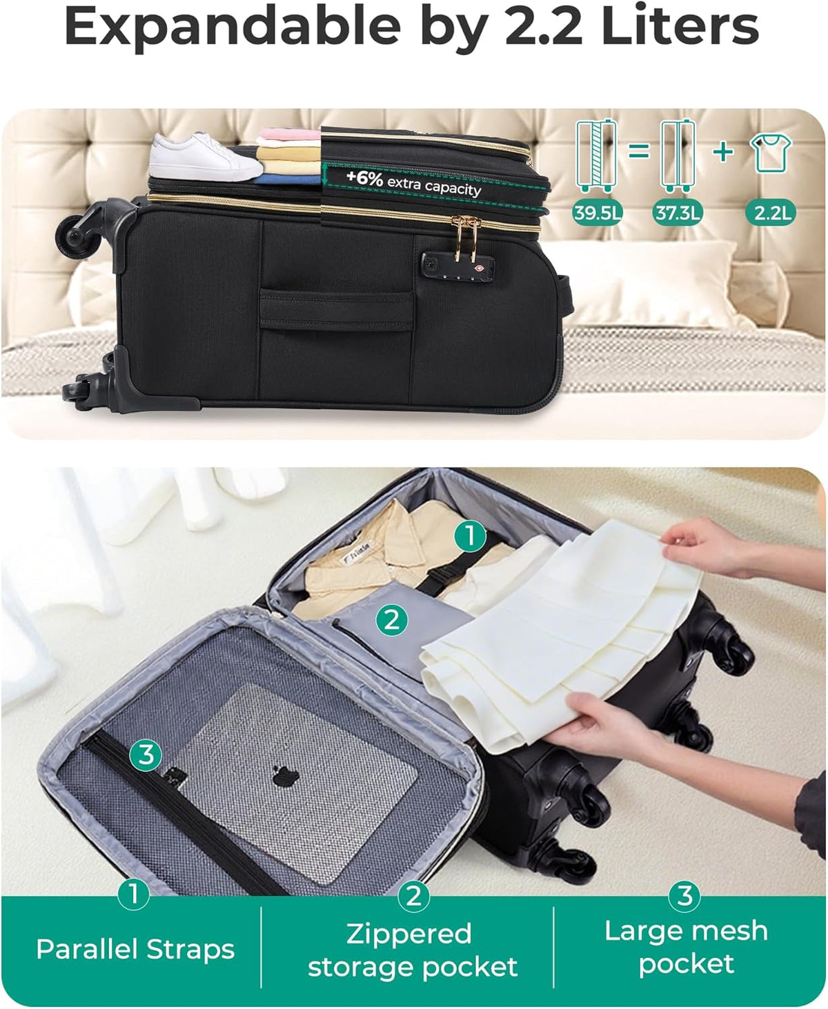 Underseat Carry On luggage Airline approved, 16-inch Softside Underseater Travel Suitcase with Spinner Wheels Lightweight Overnight Bag Small Rolling Carry-on for Women Men Weekender,Black