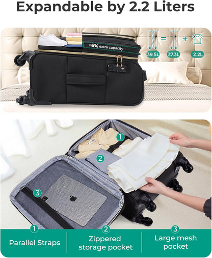 Underseat Carry On luggage Airline approved, 16-inch Softside Underseater Travel Suitcase with Spinner Wheels Lightweight Overnight Bag Small Rolling Carry-on for Women Men Weekender,Black