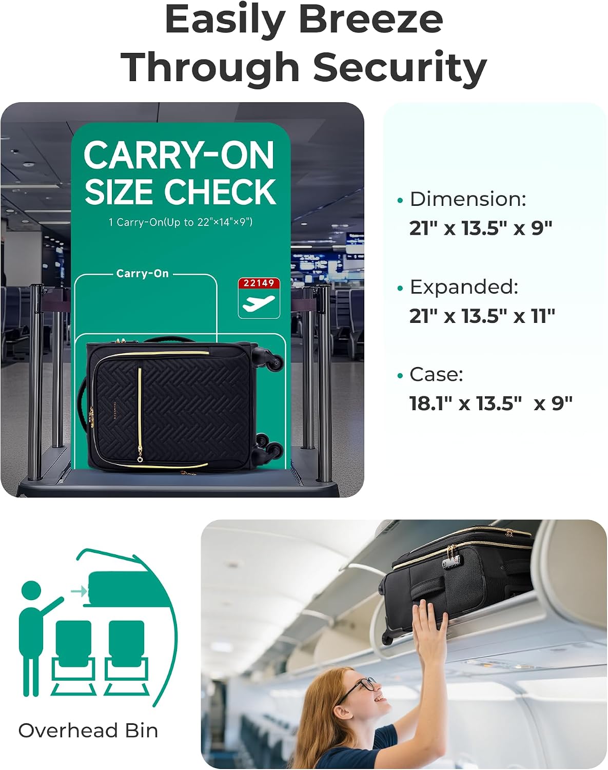 Underseat Carry On luggage Airline approved, 16-inch Softside Underseater Travel Suitcase with Spinner Wheels Lightweight Overnight Bag Small Rolling Carry-on for Women Men Weekender,Black
