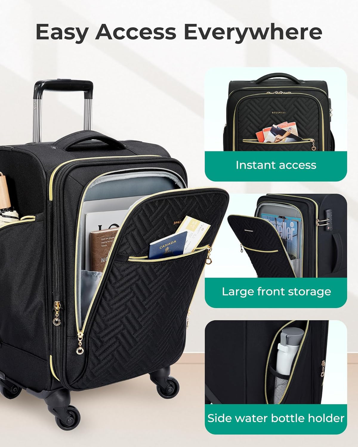 Underseat Carry On luggage Airline approved, 16-inch Softside Underseater Travel Suitcase with Spinner Wheels Lightweight Overnight Bag Small Rolling Carry-on for Women Men Weekender,Black