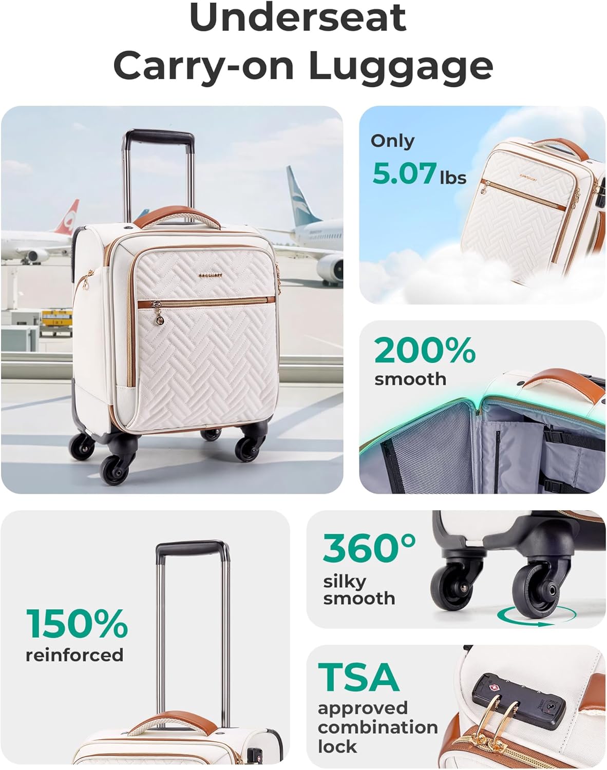 Underseat Carry On luggage Airline approved, 16-inch Softside Underseater Travel Suitcase with Spinner Wheels Lightweight Overnight Bag Small Rolling Carry-on for Women Men Weekender,Black