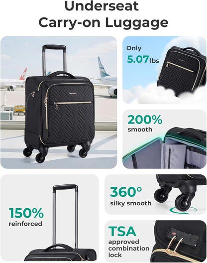 Underseat Carry On luggage Airline approved, 16-inch Softside Underseater Travel Suitcase with Spinner Wheels Lightweight Overnight Bag Small Rolling Carry-on for Women Men Weekender,Black