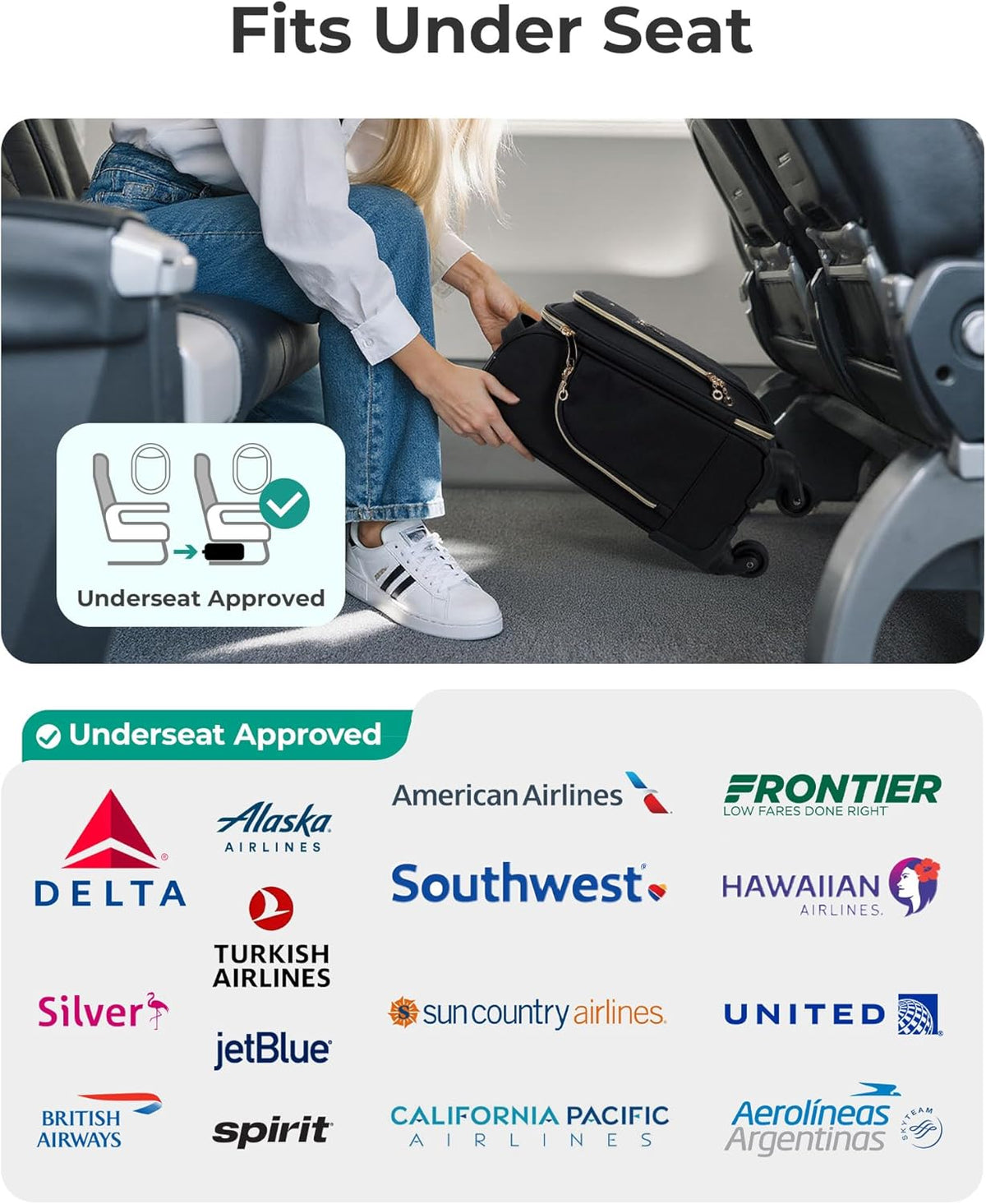 Underseat Carry On luggage Airline approved, 16-inch Softside Underseater Travel Suitcase with Spinner Wheels Lightweight Overnight Bag Small Rolling Carry-on for Women Men Weekender,Black