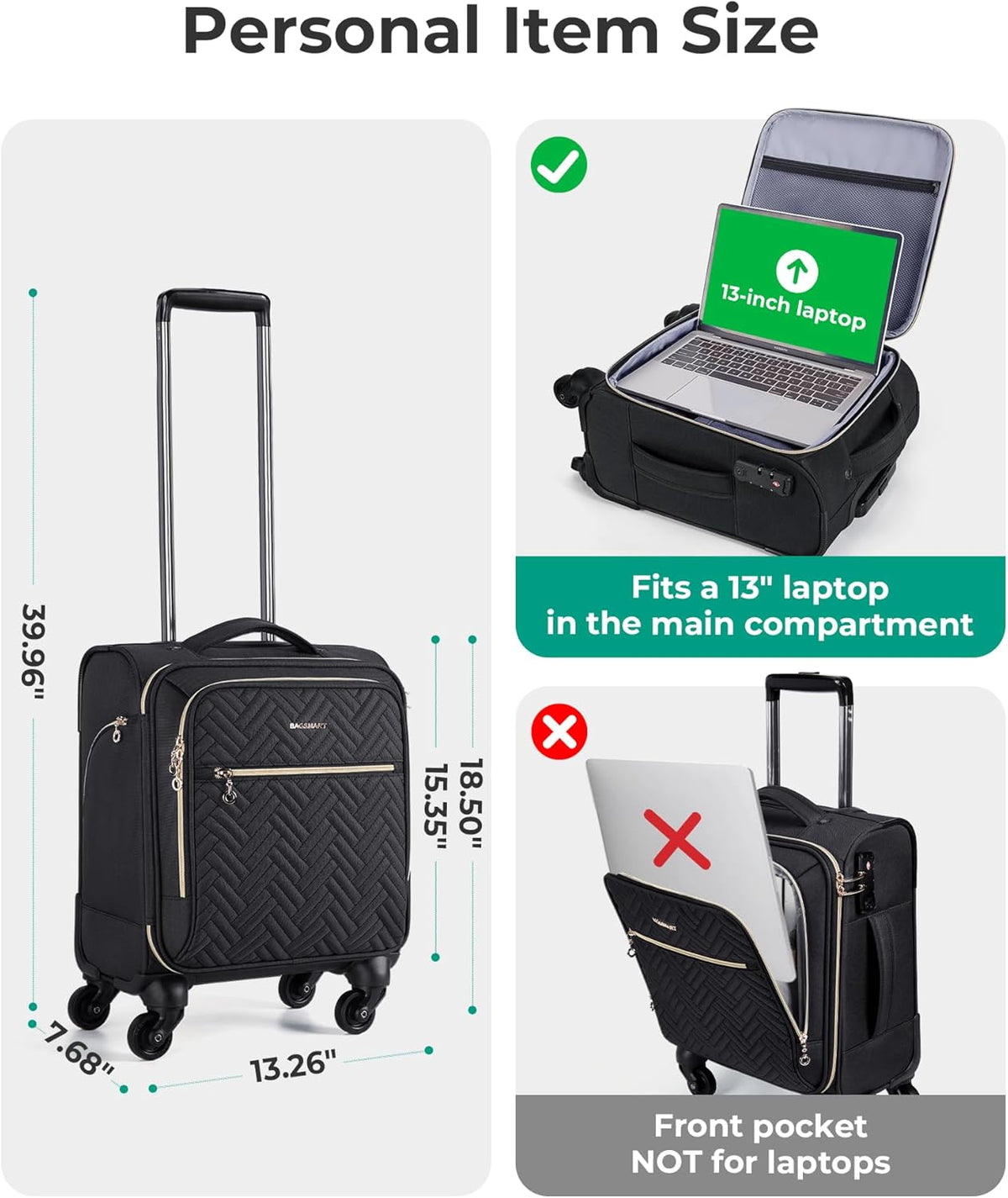 Underseat Carry On luggage Airline approved, 16-inch Softside Underseater Travel Suitcase with Spinner Wheels Lightweight Overnight Bag Small Rolling Carry-on for Women Men Weekender,Black