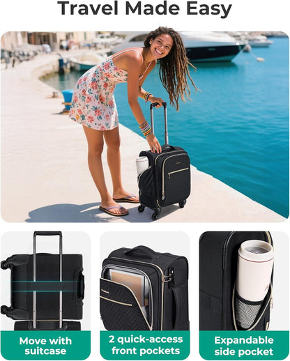 Underseat Carry On luggage Airline approved, 16-inch Softside Underseater Travel Suitcase with Spinner Wheels Lightweight Overnight Bag Small Rolling Carry-on for Women Men Weekender,Black