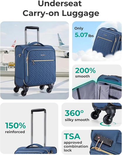 Underseat Carry On luggage Airline approved, 16-inch Softside Underseater Travel Suitcase with Spinner Wheels Lightweight Overnight Bag Small Rolling Carry-on for Women Men Weekender,Black