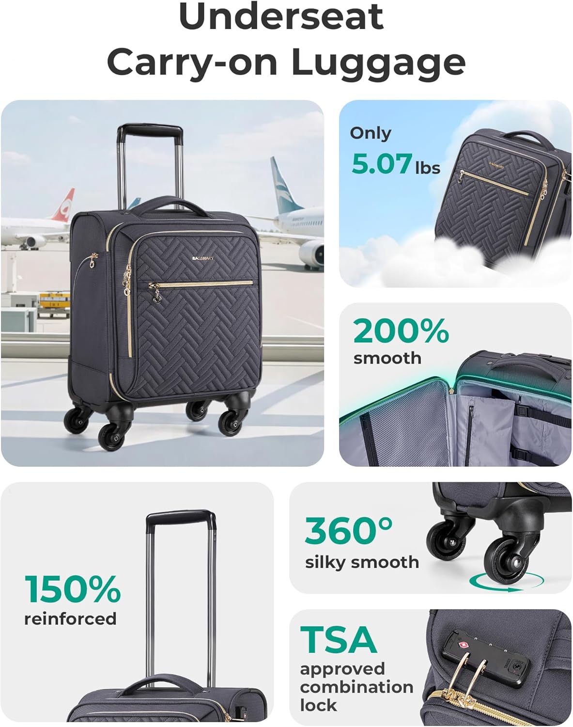 Underseat Carry On luggage Airline approved, 16-inch Softside Underseater Travel Suitcase with Spinner Wheels Lightweight Overnight Bag Small Rolling Carry-on for Women Men Weekender,Black