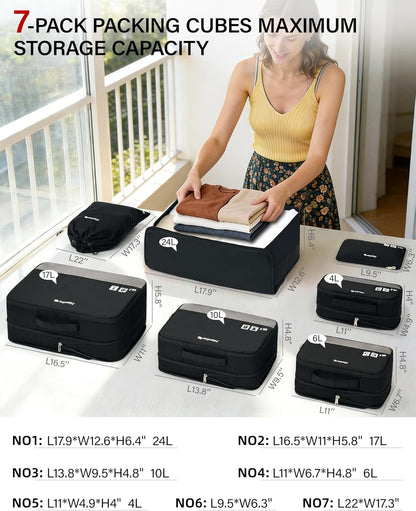 7 Piece Expandable Compression Packing Cubes, Premium Travel Packing Organizers for Suitcases/Carry On, Luggage Organizer Bags with Breathable Mesh & Label,Light Blue