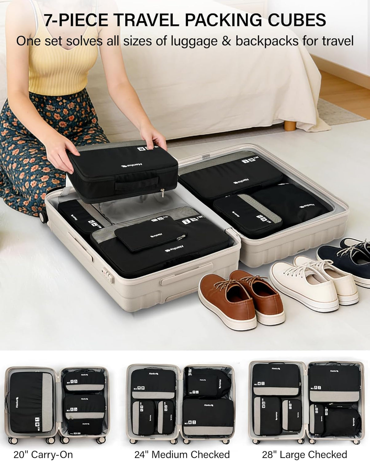 7 Piece Expandable Compression Packing Cubes, Premium Travel Packing Organizers for Suitcases/Carry On, Luggage Organizer Bags with Breathable Mesh & Label,Light Blue