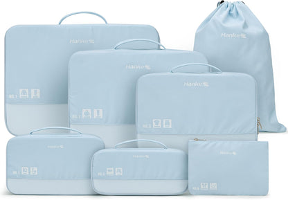 7 Piece Expandable Compression Packing Cubes, Premium Travel Packing Organizers for Suitcases/Carry On, Luggage Organizer Bags with Breathable Mesh & Label,Light Blue