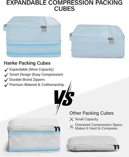 7 Piece Expandable Compression Packing Cubes, Premium Travel Packing Organizers for Suitcases/Carry On, Luggage Organizer Bags with Breathable Mesh & Label,Light Blue