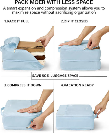 7 Piece Expandable Compression Packing Cubes, Premium Travel Packing Organizers for Suitcases/Carry On, Luggage Organizer Bags with Breathable Mesh & Label,Light Blue