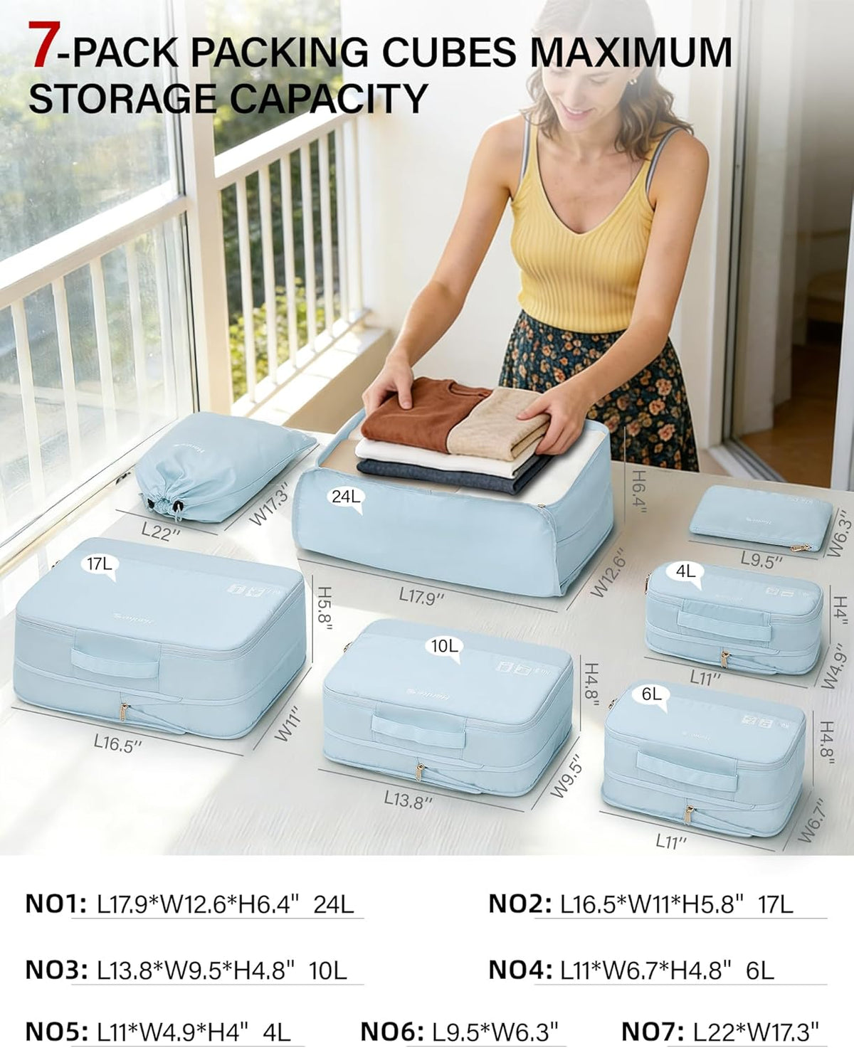 7 Piece Expandable Compression Packing Cubes, Premium Travel Packing Organizers for Suitcases/Carry On, Luggage Organizer Bags with Breathable Mesh & Label,Light Blue