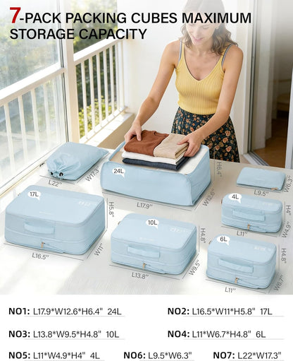 7 Piece Expandable Compression Packing Cubes, Premium Travel Packing Organizers for Suitcases/Carry On, Luggage Organizer Bags with Breathable Mesh & Label,Light Blue