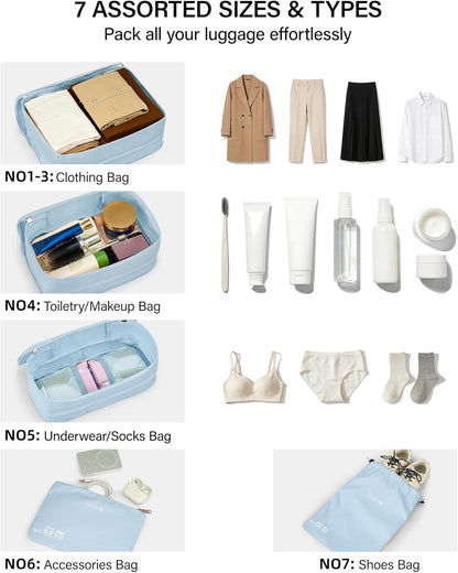 7 Piece Expandable Compression Packing Cubes, Premium Travel Packing Organizers for Suitcases/Carry On, Luggage Organizer Bags with Breathable Mesh & Label,Light Blue