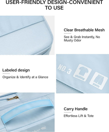 7 Piece Expandable Compression Packing Cubes, Premium Travel Packing Organizers for Suitcases/Carry On, Luggage Organizer Bags with Breathable Mesh & Label,Light Blue