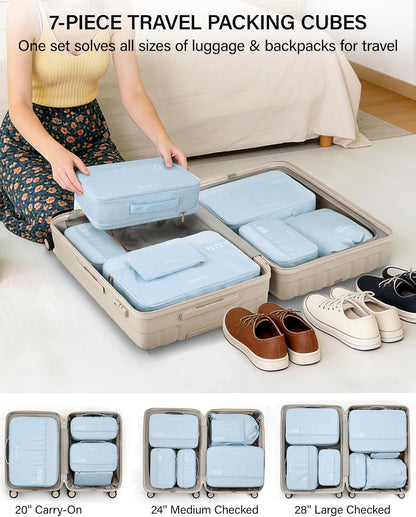 7 Piece Expandable Compression Packing Cubes, Premium Travel Packing Organizers for Suitcases/Carry On, Luggage Organizer Bags with Breathable Mesh & Label,Light Blue