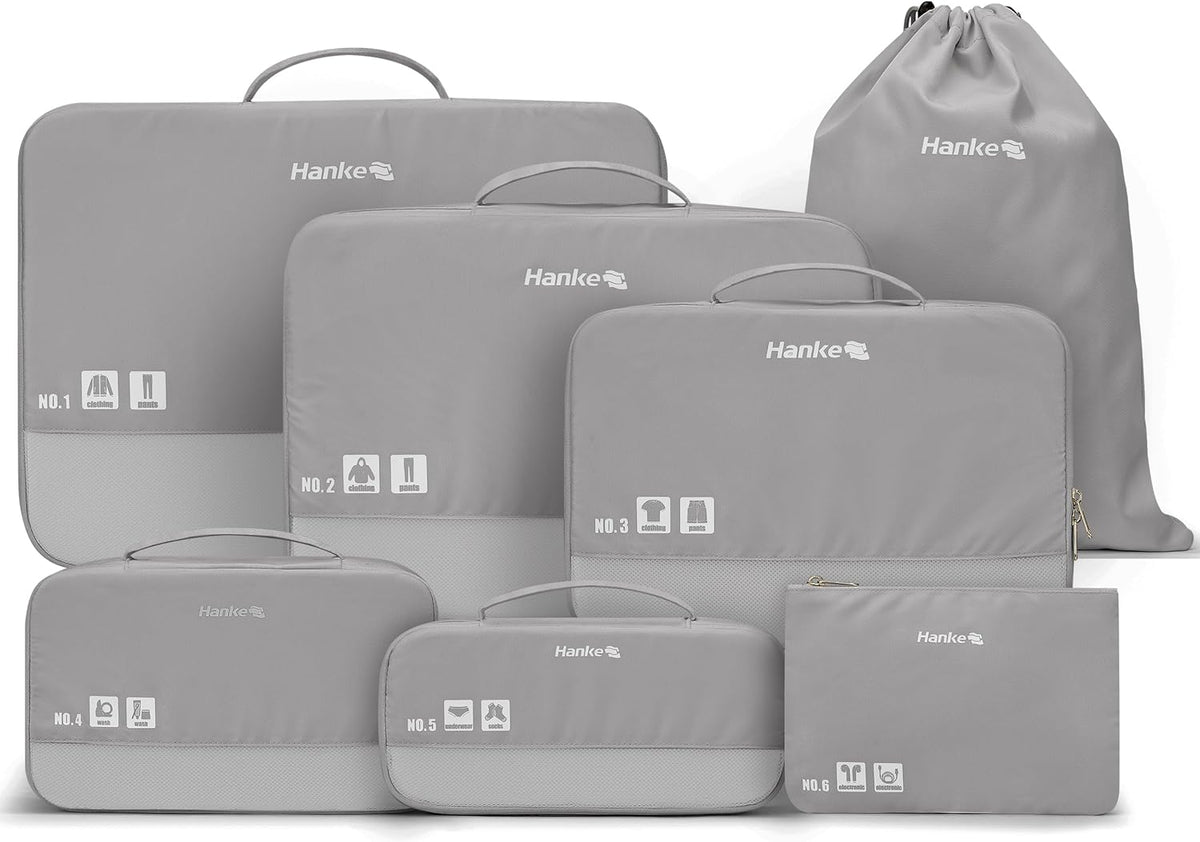 7 Piece Expandable Compression Packing Cubes, Premium Travel Packing Organizers for Suitcases/Carry On, Luggage Organizer Bags with Breathable Mesh & Label,Light Blue