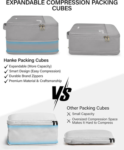 7 Piece Expandable Compression Packing Cubes, Premium Travel Packing Organizers for Suitcases/Carry On, Luggage Organizer Bags with Breathable Mesh & Label,Light Blue