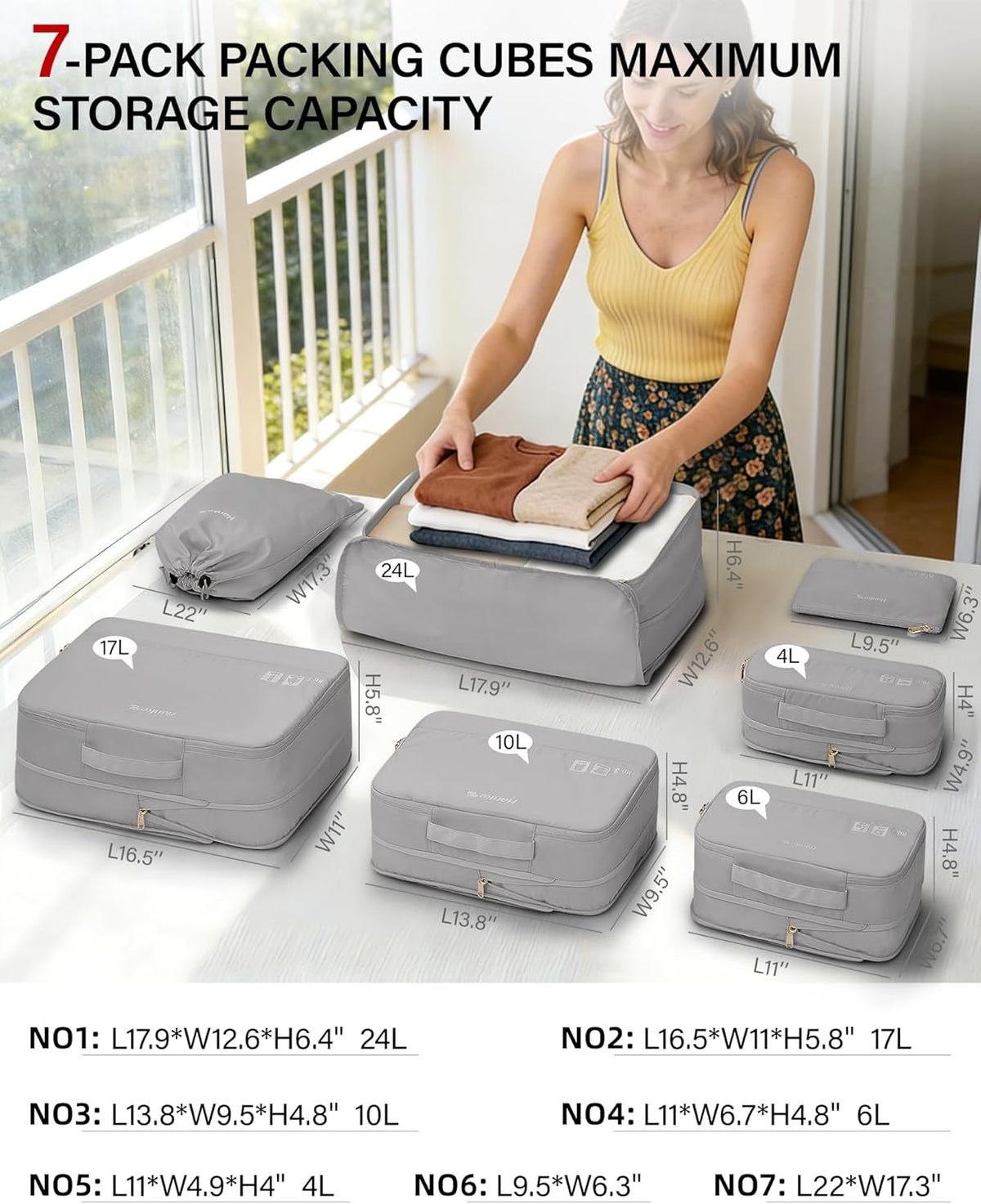 7 Piece Expandable Compression Packing Cubes, Premium Travel Packing Organizers for Suitcases/Carry On, Luggage Organizer Bags with Breathable Mesh & Label,Light Blue
