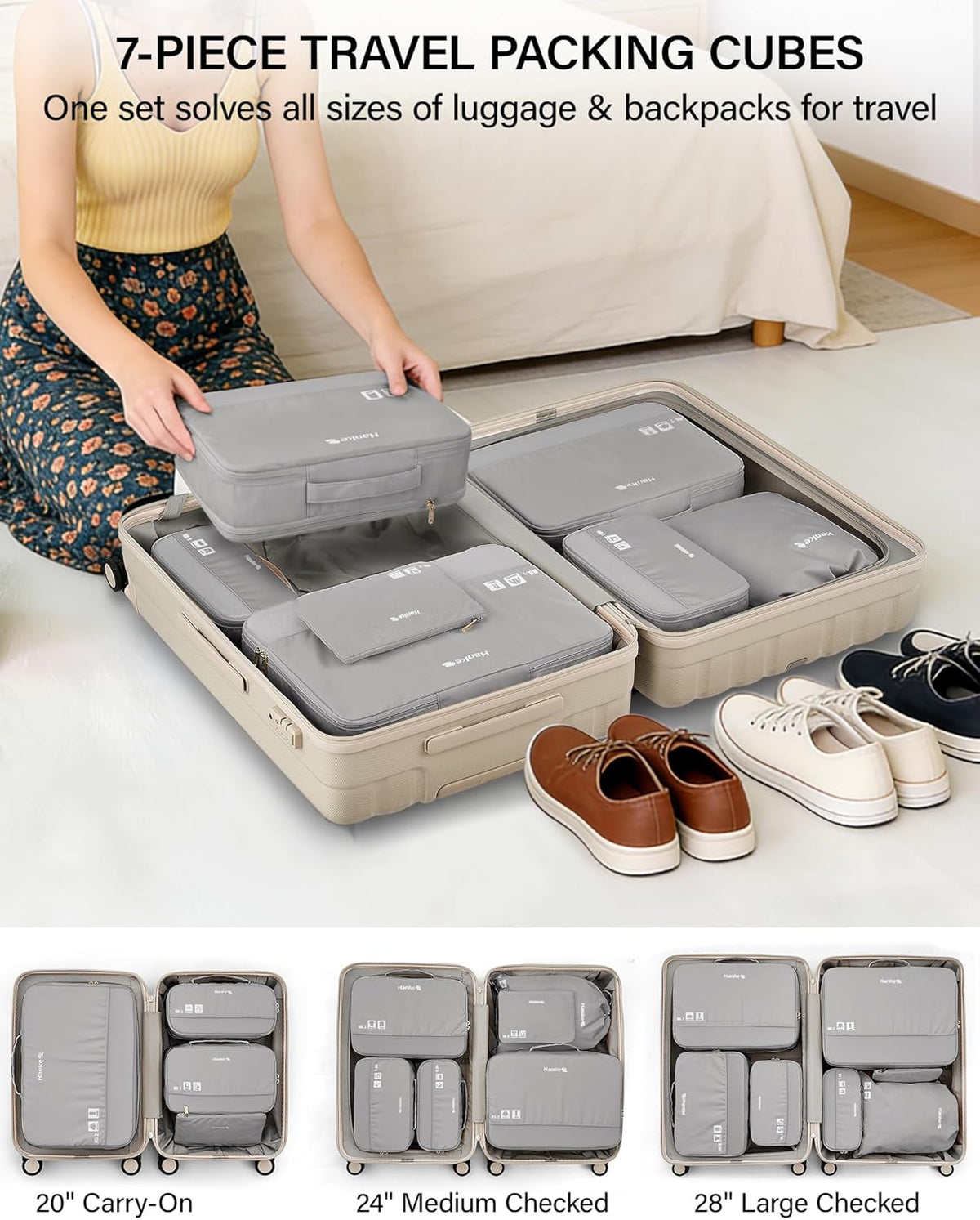 7 Piece Expandable Compression Packing Cubes, Premium Travel Packing Organizers for Suitcases/Carry On, Luggage Organizer Bags with Breathable Mesh & Label,Light Blue