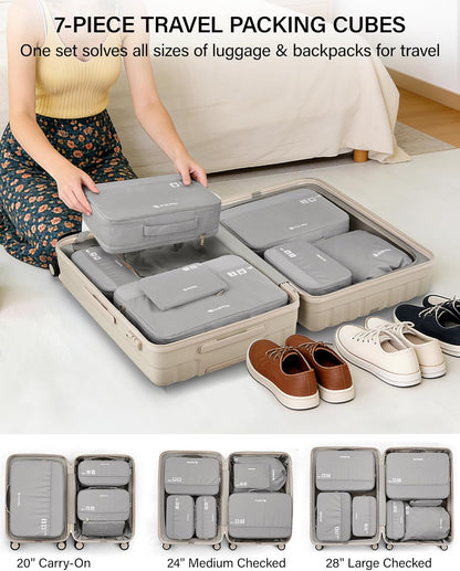 7 Piece Expandable Compression Packing Cubes, Premium Travel Packing Organizers for Suitcases/Carry On, Luggage Organizer Bags with Breathable Mesh & Label,Light Blue