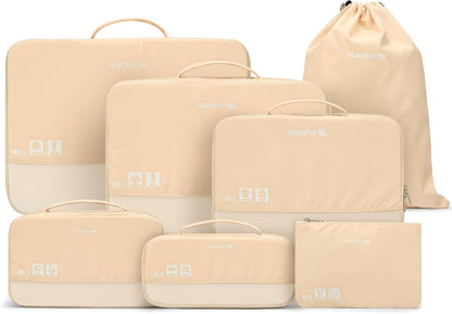 7 Piece Expandable Compression Packing Cubes, Premium Travel Packing Organizers for Suitcases/Carry On, Luggage Organizer Bags with Breathable Mesh & Label,Light Blue