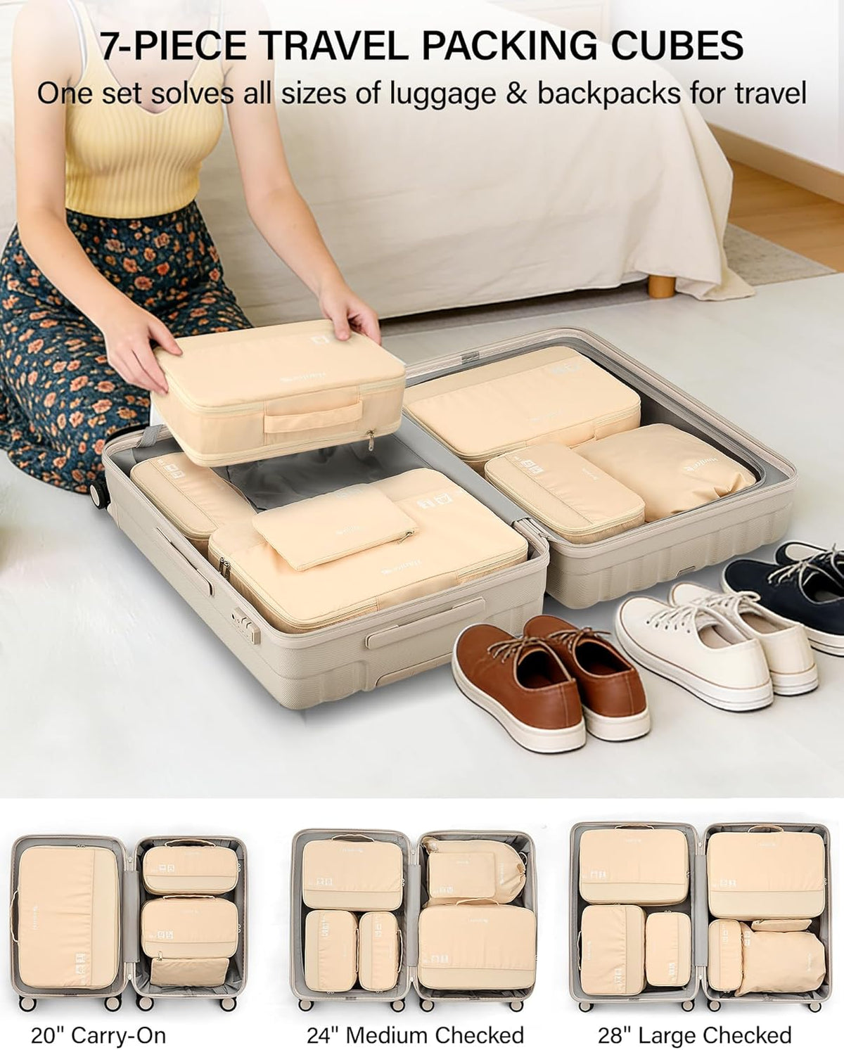 7 Piece Expandable Compression Packing Cubes, Premium Travel Packing Organizers for Suitcases/Carry On, Luggage Organizer Bags with Breathable Mesh & Label,Light Blue