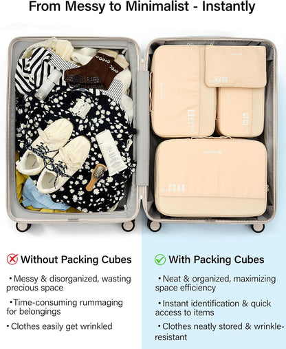 7 Piece Expandable Compression Packing Cubes, Premium Travel Packing Organizers for Suitcases/Carry On, Luggage Organizer Bags with Breathable Mesh & Label,Light Blue