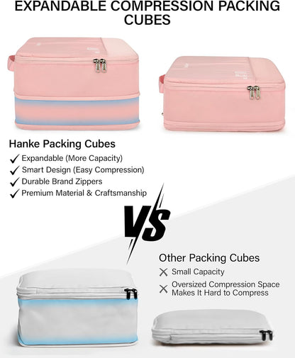 7 Piece Expandable Compression Packing Cubes, Premium Travel Packing Organizers for Suitcases/Carry On, Luggage Organizer Bags with Breathable Mesh & Label,Light Blue