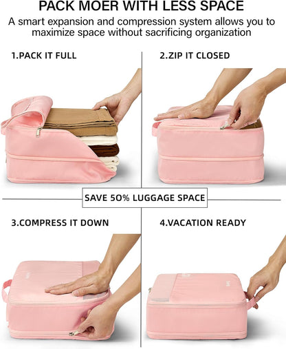 7 Piece Expandable Compression Packing Cubes, Premium Travel Packing Organizers for Suitcases/Carry On, Luggage Organizer Bags with Breathable Mesh & Label,Light Blue