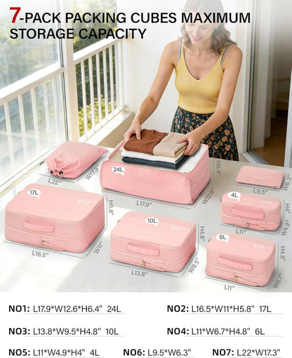 7 Piece Expandable Compression Packing Cubes, Premium Travel Packing Organizers for Suitcases/Carry On, Luggage Organizer Bags with Breathable Mesh & Label,Light Blue