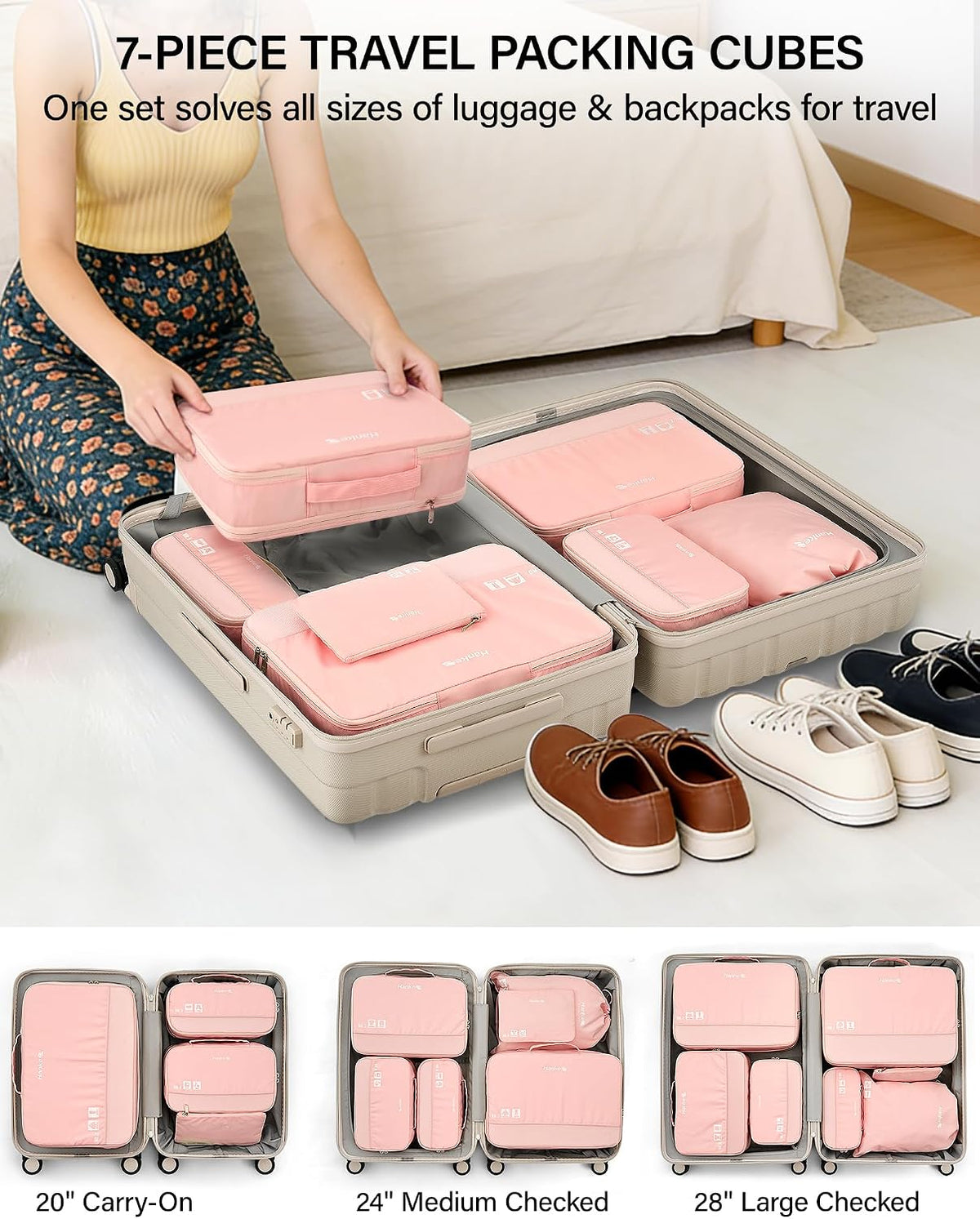 7 Piece Expandable Compression Packing Cubes, Premium Travel Packing Organizers for Suitcases/Carry On, Luggage Organizer Bags with Breathable Mesh & Label,Light Blue