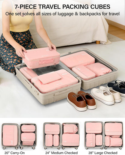 7 Piece Expandable Compression Packing Cubes, Premium Travel Packing Organizers for Suitcases/Carry On, Luggage Organizer Bags with Breathable Mesh & Label,Light Blue