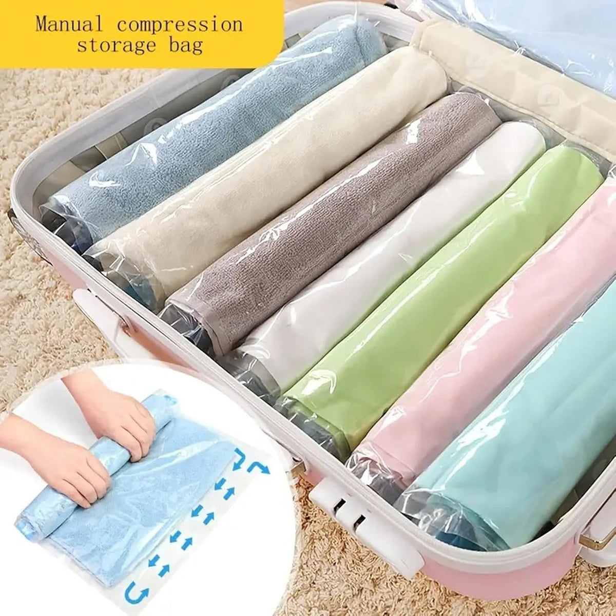 6Pcs Roll Up Compression Storage Bags Reusable Space Saver Travel Organizer Bags No Pump Needed