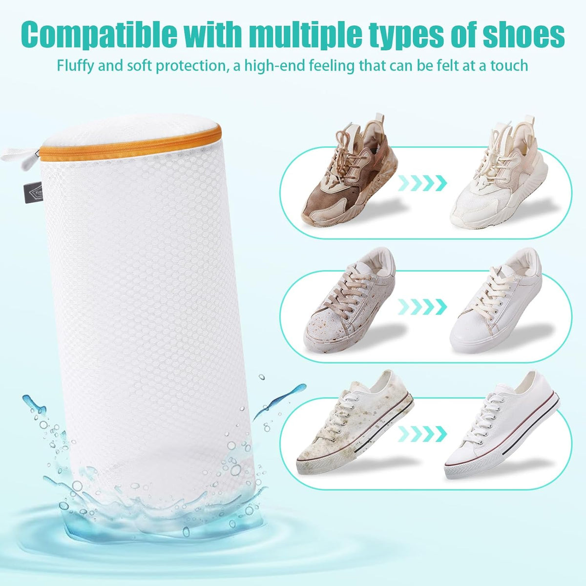 Shoe Washing Machine Bag, Shoe Cleaning Bag, Grey Zipper, 7x15" | Shoe Bag, For Sneaker, Tennis, Footwear, Trainers, Slippers, Sock, Honeycomb Mesh, Prevent Tangling
