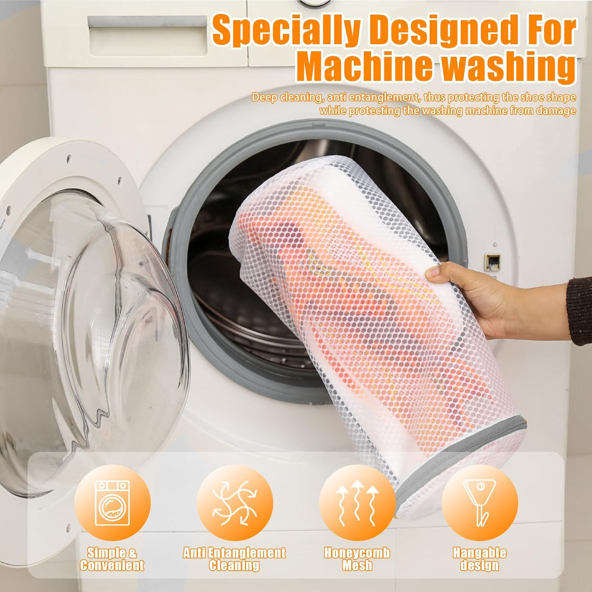 Shoe Washing Machine Bag, Shoe Cleaning Bag, Grey Zipper, 7x15" | Shoe Bag, For Sneaker, Tennis, Footwear, Trainers, Slippers, Sock, Honeycomb Mesh, Prevent Tangling