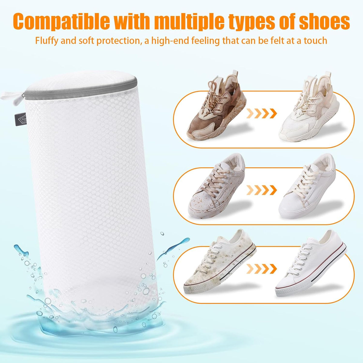 Shoe Washing Machine Bag, Shoe Cleaning Bag, Grey Zipper, 7x15" | Shoe Bag, For Sneaker, Tennis, Footwear, Trainers, Slippers, Sock, Honeycomb Mesh, Prevent Tangling