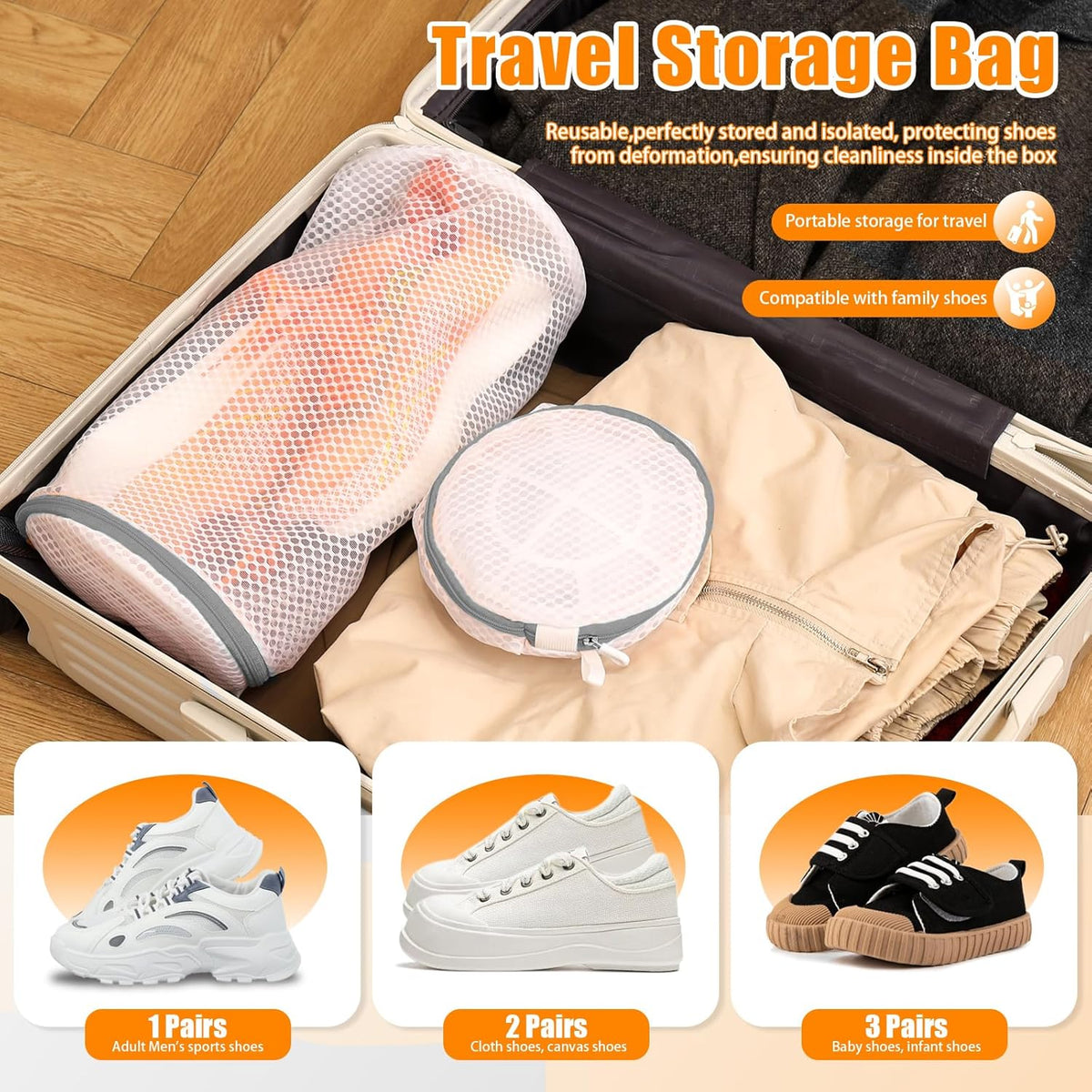 Shoe Washing Machine Bag, Shoe Cleaning Bag, Grey Zipper, 7x15" | Shoe Bag, For Sneaker, Tennis, Footwear, Trainers, Slippers, Sock, Honeycomb Mesh, Prevent Tangling