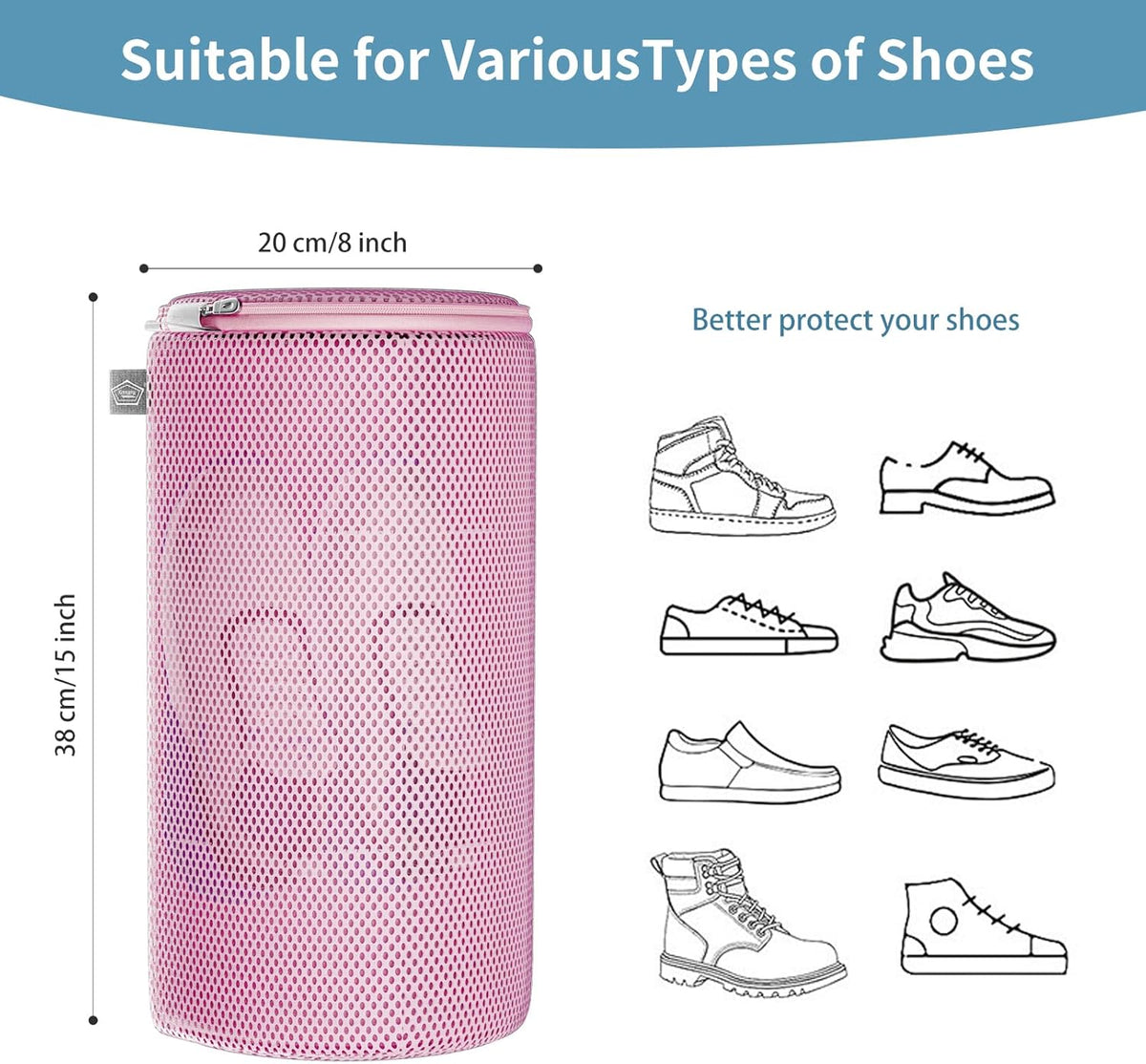 Shoe Washing Machine Bag, Shoe Cleaning Bag, Grey Zipper, 7x15" | Shoe Bag, For Sneaker, Tennis, Footwear, Trainers, Slippers, Sock, Honeycomb Mesh, Prevent Tangling