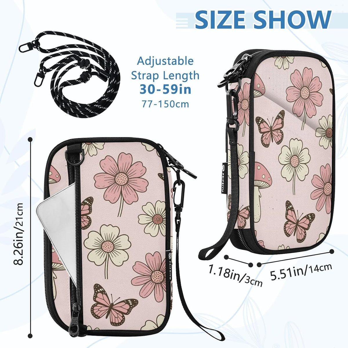 Travel Document Organizer 21×14×3 CM | Water Resistant Oxford Pen Loop Multi-Way Carry for Men Women Travel Butterfly Blooms