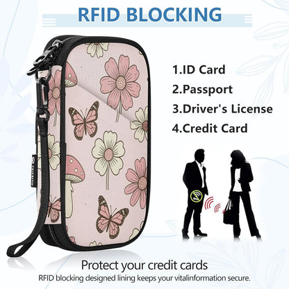Travel Document Organizer 21×14×3 CM | Water Resistant Oxford Pen Loop Multi-Way Carry for Men Women Travel Butterfly Blooms