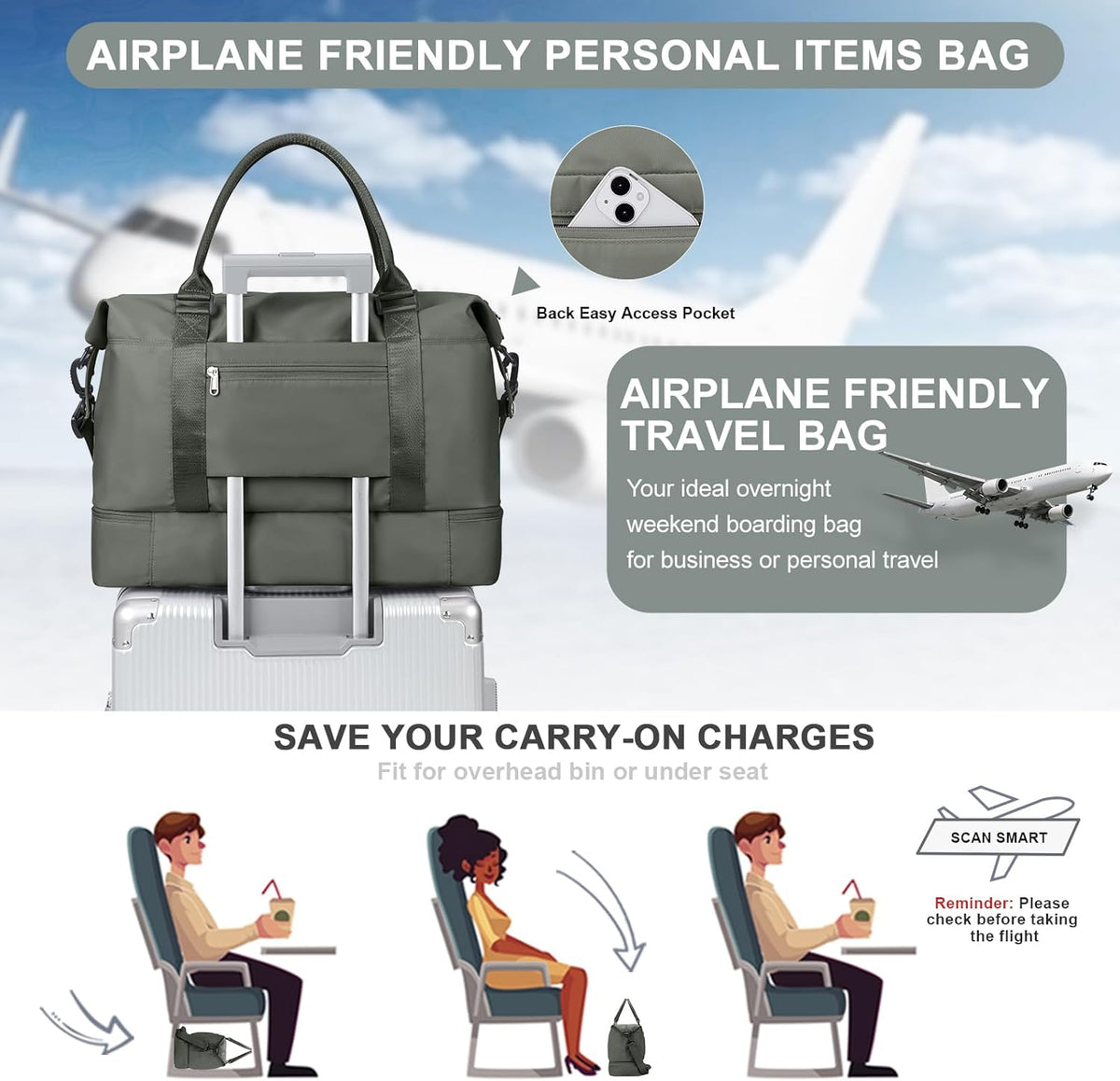Weekender Bags for Women, Personal Item Travel Bag with Shoes Compartment | Overnight Travel Duffel Bag with Toiletry Bag, Airplane Friendly Carry-On Bag - Colors B