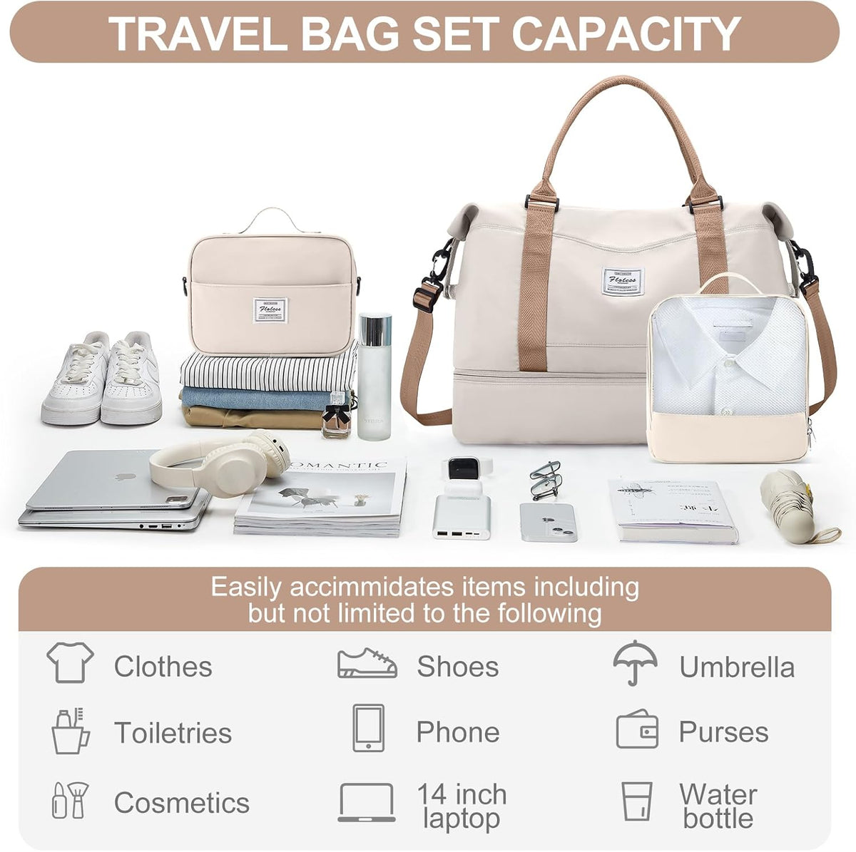 Weekender Bags for Women, Personal Item Travel Bag with Shoes Compartment | Overnight Travel Duffel Bag with Toiletry Bag, Airplane Friendly Carry-On Bag - Colors B