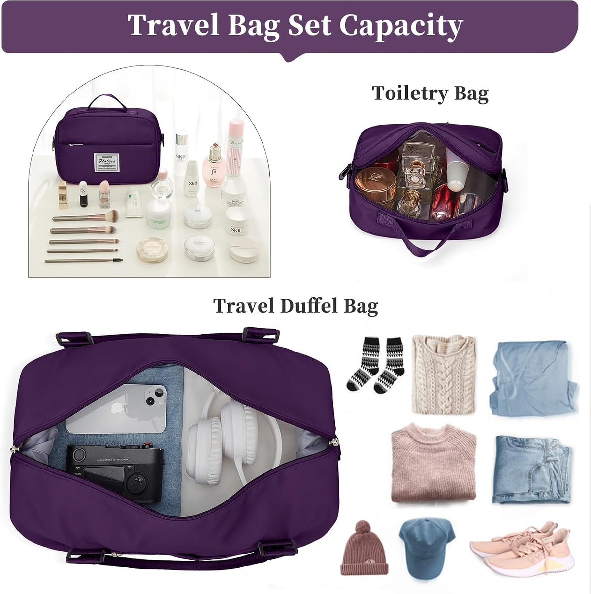 Weekender Bags for Women, Personal Item Travel Bag with Shoes Compartment | Overnight Travel Duffel Bag with Toiletry Bag, Airplane Friendly Carry-On Bag - Colors B
