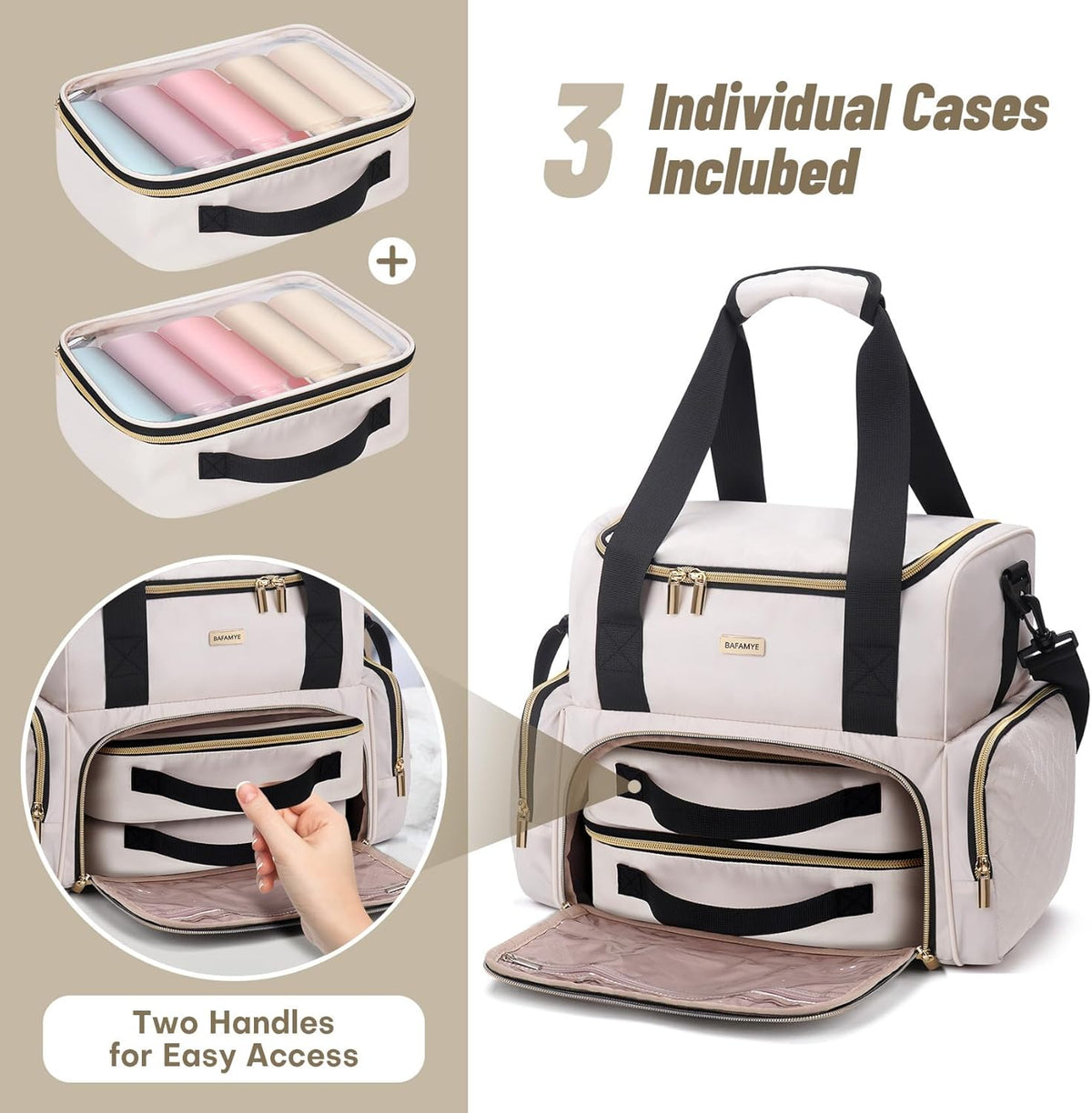 Large Makeup Travel Cosmetic Bag with 2 Removable Case, Double Layer Big Travel Make Up Organizer Case, Toiletry Bag for Women, Train Cases Bags