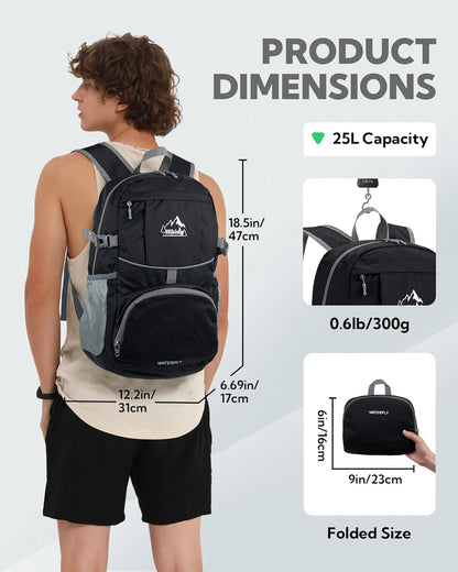 Hiking Packable Daypack Backpack: 25L Ultra Lightweight Day Pack for Women Men - Small Compact Folding Back Pack for Outdoor Sport Cycling Camping Travel Trip - Black